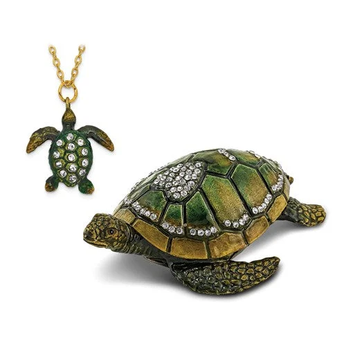 engraved dog tag necklace for men-Bejeweled Enameled & Crystal Sea Turtle Trinket Box