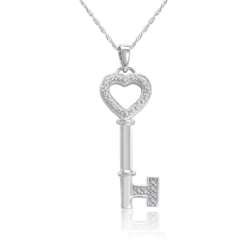 women’s vintage charm necklace-Diamond Key To Hear Heart Pendant Necklace in Sterling Silver 18 inch