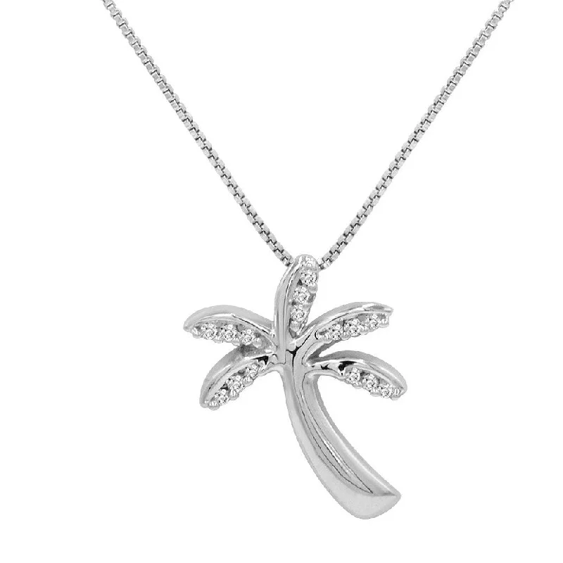 sterling silver heart necklace-Diamond Palm Tree Pendant Necklace in Sterling Silver on an 18 in. Sterling Silver Box CHain