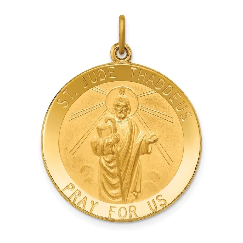 simple pendant necklace for daily use-Diamond2Deal 14K Yellow Gold Satin Large Round St. Jude Thaddeus Medal (L- 31.5 mm, W- 24.25 mm)