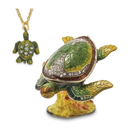 butterfly necklace for women-Bejeweled Enameled & Crystal Diving Sea Turtle Trinket Box