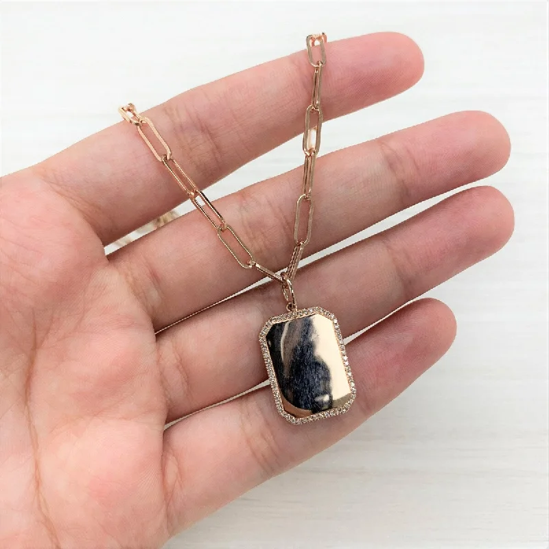 geometric pendant necklace for men-Joelle Dog Tag Diamond Charm 14K Rose Gold