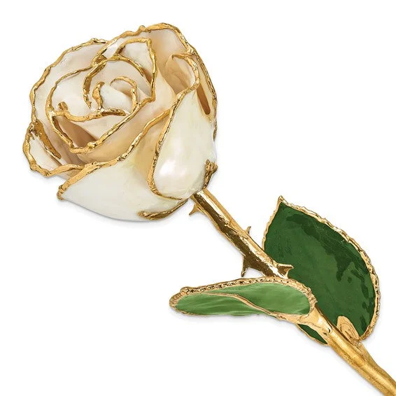 luxury women’s pendant necklace-Lacquer Dipped 24k Gold Trim White Satin Real Rose