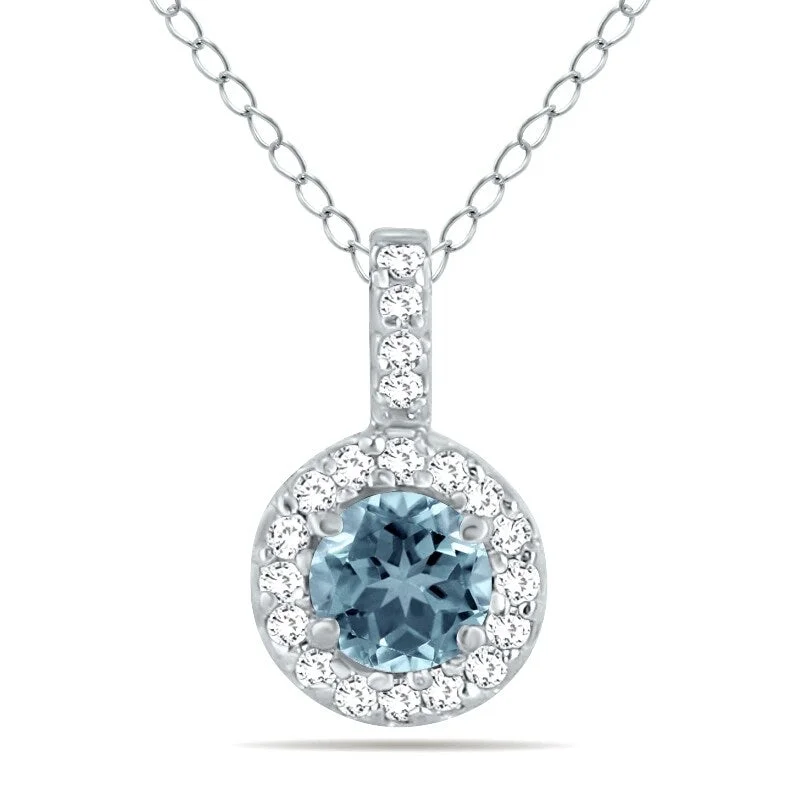 women’s heart shaped necklace-Marquee 1/2 Carat TW Halo Aquamarine And Diamond Pendant in 10K White Gold