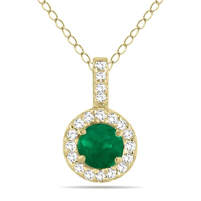 geometric gold necklace for layering-Marquee 1/2 Carat TW Halo Emerald And Diamond Pendant in 10K Yellow Gold