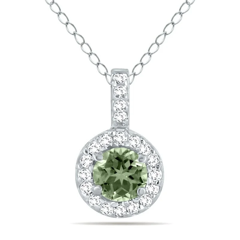 braided leather necklace for men-Marquee 1/2 Carat TW Halo Green Amethyst And Diamond Pendant in 10K White Gold