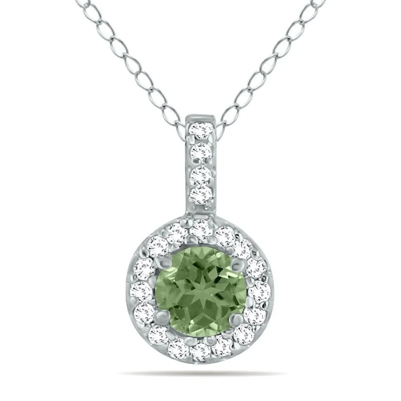 leather necklace with pendant-Marquee 1/2 Carat TW Halo Peridot And Diamond Pendant in 10K White Gold