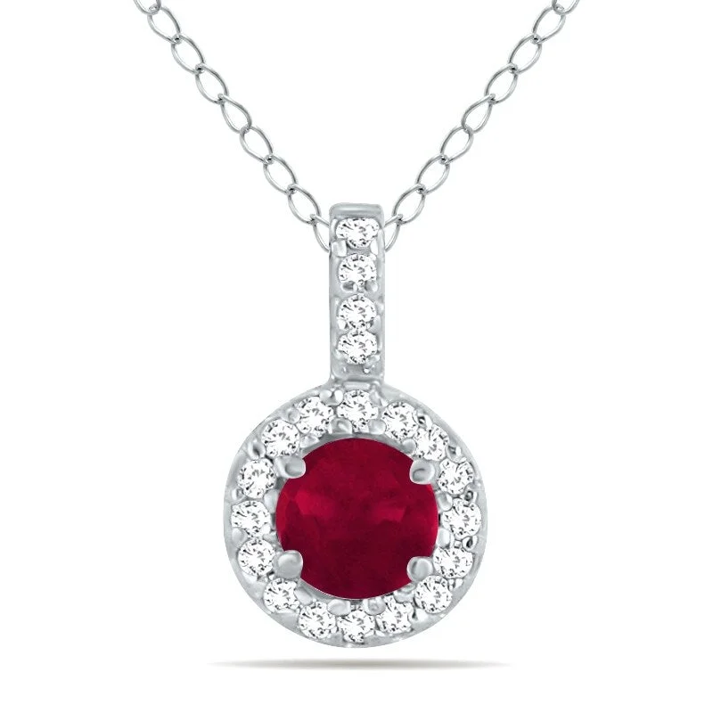 minimalist necklace for daily wear-Marquee 1/2 Carat TW Halo Ruby And Diamond Pendant in 10K White Gold