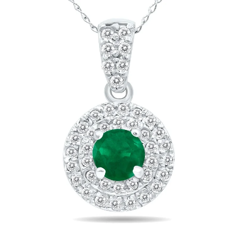 wedding necklace for bride-Marquee 3/4 Carat TW Double Halo Emerald And Diamond Pendant in 10K White Gold