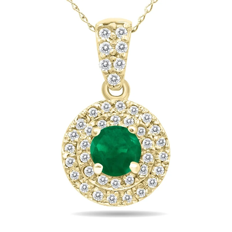 fashion jewelry necklace for teens-Marquee 3/4 Carat TW Double Halo Emerald And Diamond Pendant in 10K Yellow Gold