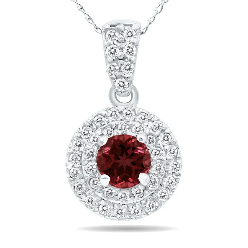 square pendant necklace for women-Marquee 3/4 Carat TW Double Halo Garnet And Diamond Pendant in 10K White Gold