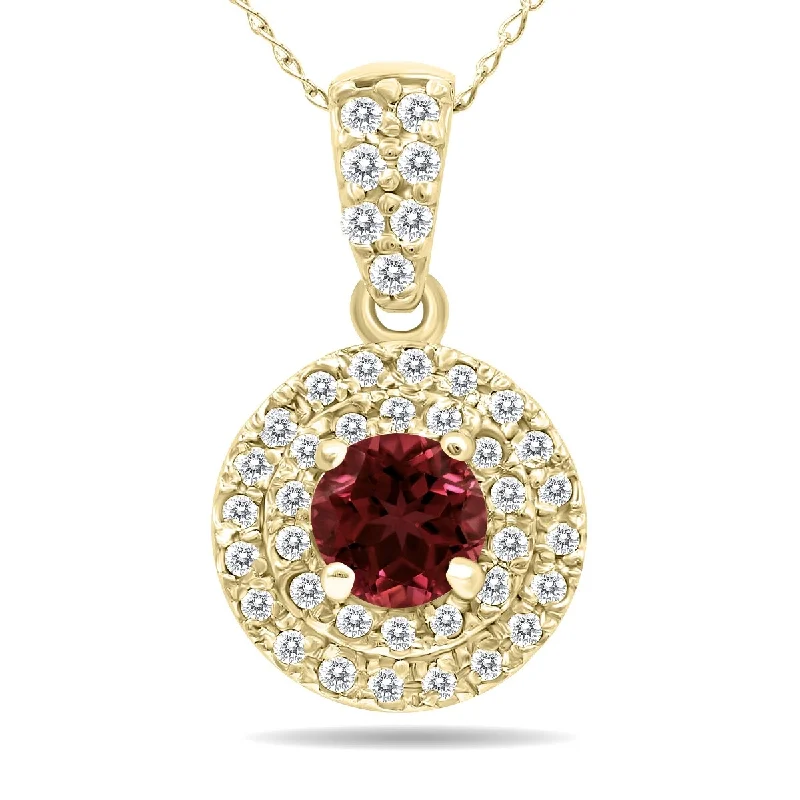 custom nameplate necklace for women-Marquee 3/4 Carat TW Double Halo Garnet And Diamond Pendant in 10K Yellow Gold