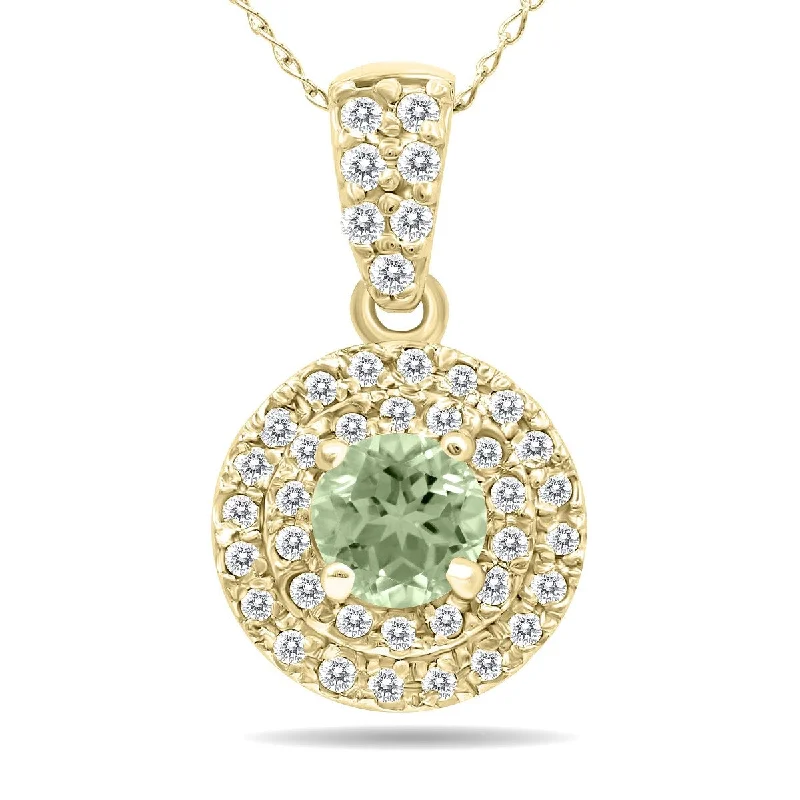 simple choker necklace for girls-Marquee 3/4 Carat TW Double Halo Green Amethyst And Diamond Pendant in 10K Yellow Gold