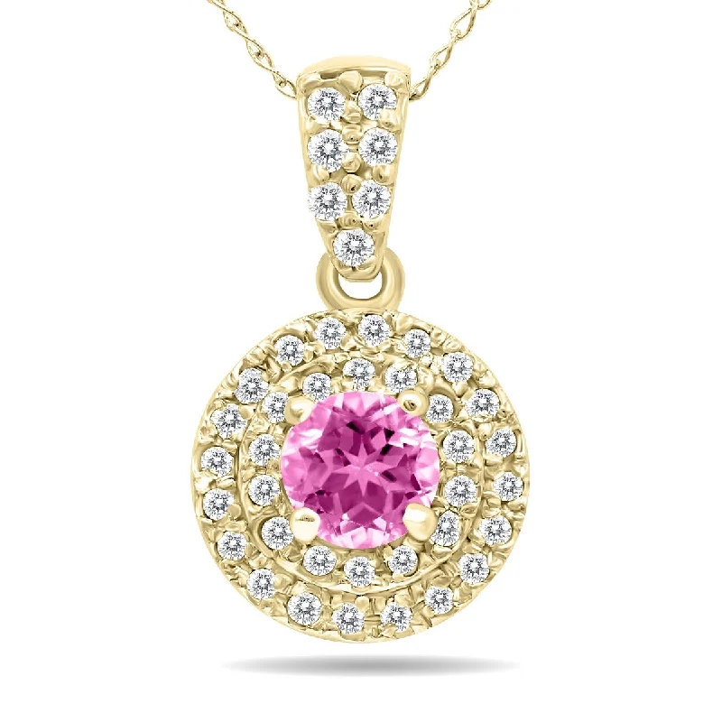 women’s personalized photo necklace-Marquee 3/4 Carat TW Double Halo Pink Topaz And Diamond Pendant in 10K Yellow Gold