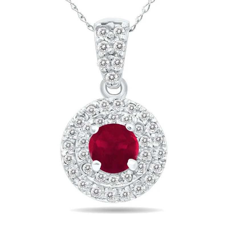 turquoise stone necklace-Marquee 3/4 Carat TW Double Halo Ruby And Diamond Pendant in 10K White Gold