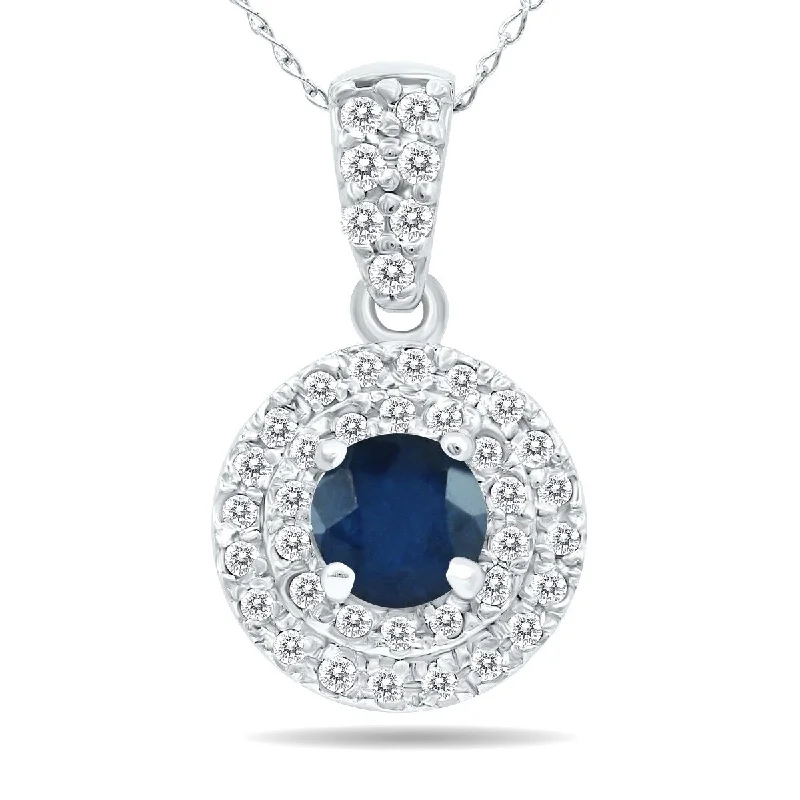 delicate silver necklace for daily wear-Marquee 3/4 Carat TW Double Halo Sapphire And Diamond Pendant in 10K White Gold