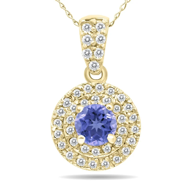 wire-wrapped gemstone necklace-Marquee 3/4 Carat TW Double Halo Tanzanite And Diamond Pendant in 10K Yellow Gold