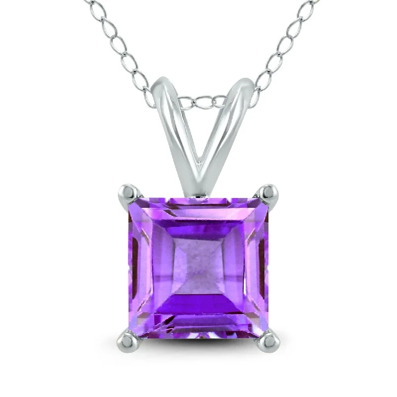 modern silver necklace for women-Marquee Jewels 14K White Gold 7MM Square Amethyst Pendant