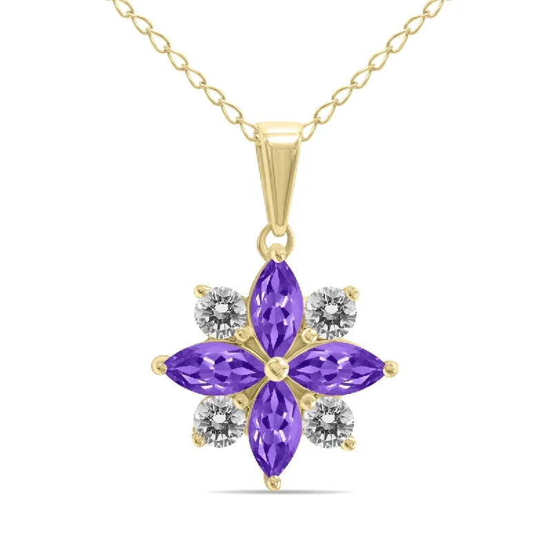 adjustable pendant necklace for layering-Marquee Jewels 3/4 Carat TW Amethyst and Diamond Flower Pendant in 10K Yellow Gold