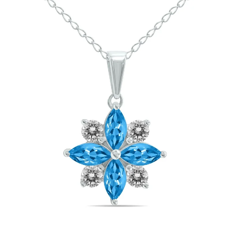 friendship heart necklace set-Marquee Jewels 3/4 Carat TW Blue Topaz and Diamond Flower Pendant in 10K White Gold