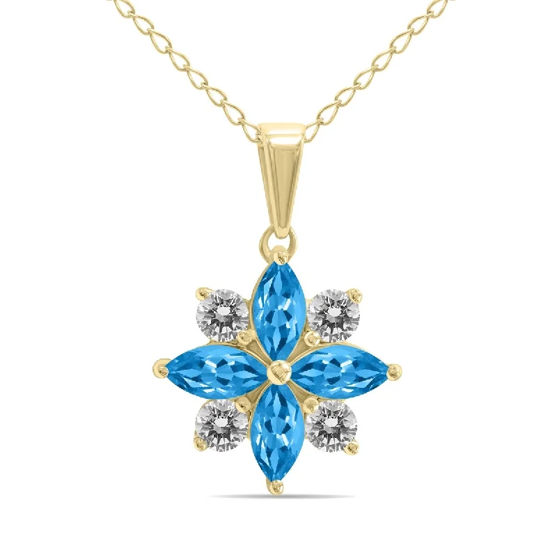 trendy choker necklace for women-Marquee Jewels 3/4 Carat TW Blue Topaz and Diamond Flower Pendant in 10K Yellow Gold