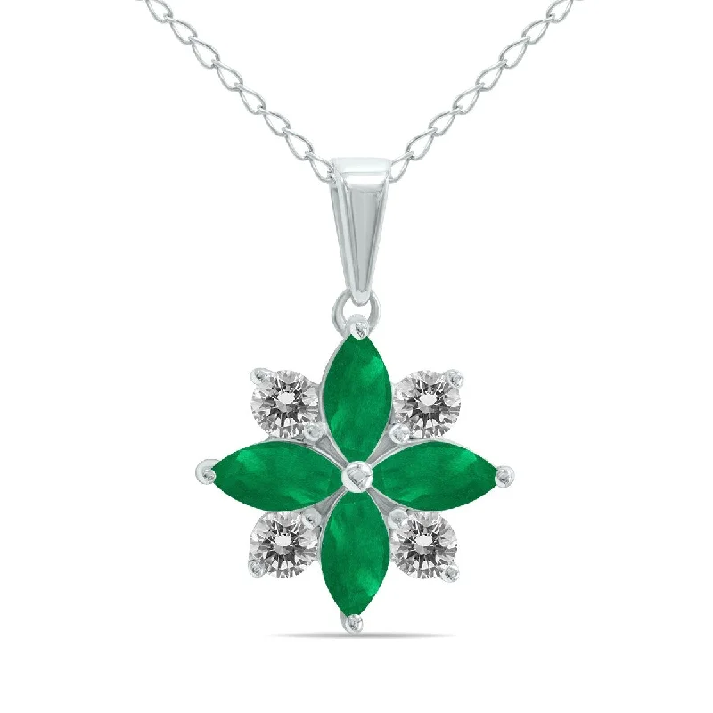 chakra necklace for energy balance-Marquee Jewels 3/4 Carat TW Emerald and Diamond Flower Pendant in 10K White Gold