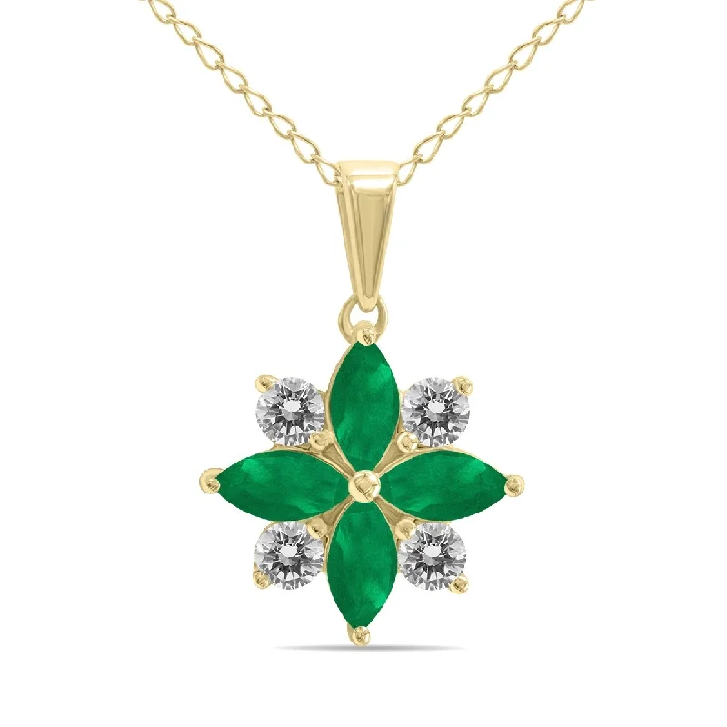 long necklace for women-Marquee Jewels 3/4 Carat TW Emerald and Diamond Flower Pendant in 10K Yellow Gold