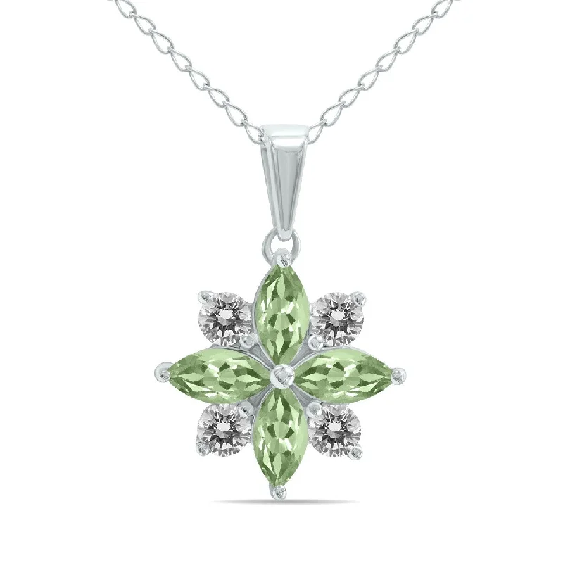 14k gold necklace for women-Marquee Jewels 3/4 Carat TW Green Amethyst and Diamond Flower Pendant in 10K White Gold