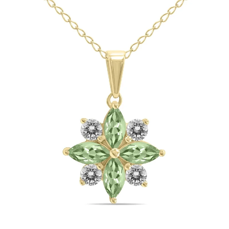 gold leaf necklace for women-Marquee Jewels 3/4 Carat TW Green Amethyst and Diamond Flower Pendant in 10K Yellow Gold