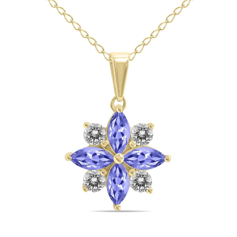 moonstone necklace for healing-Marquee Jewels 3/4 Carat TW Tanzanite and Diamond Flower Pendant in 10K Yellow Gold