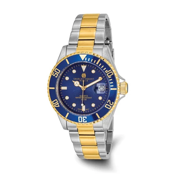 chakra necklace for energy balance-Mens Charles Hubert Two-Tone Stainless Steel Blue Dial Watch