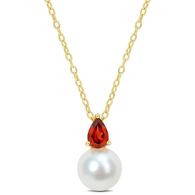 infinity necklace for anniversary gift-Miadora 1/2ct TGW Garnet and 8.5-9mm Freshwater Cultured Pearl Pendant with Chain Yellow Silver - 15.5 mm x 8.7 mm