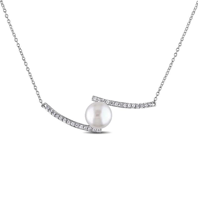 pendant necklace with initials-Miadora 10-10.5mm White Cultured Freshwater Pearl and Created White Sapphire Bypass Sterling Silver