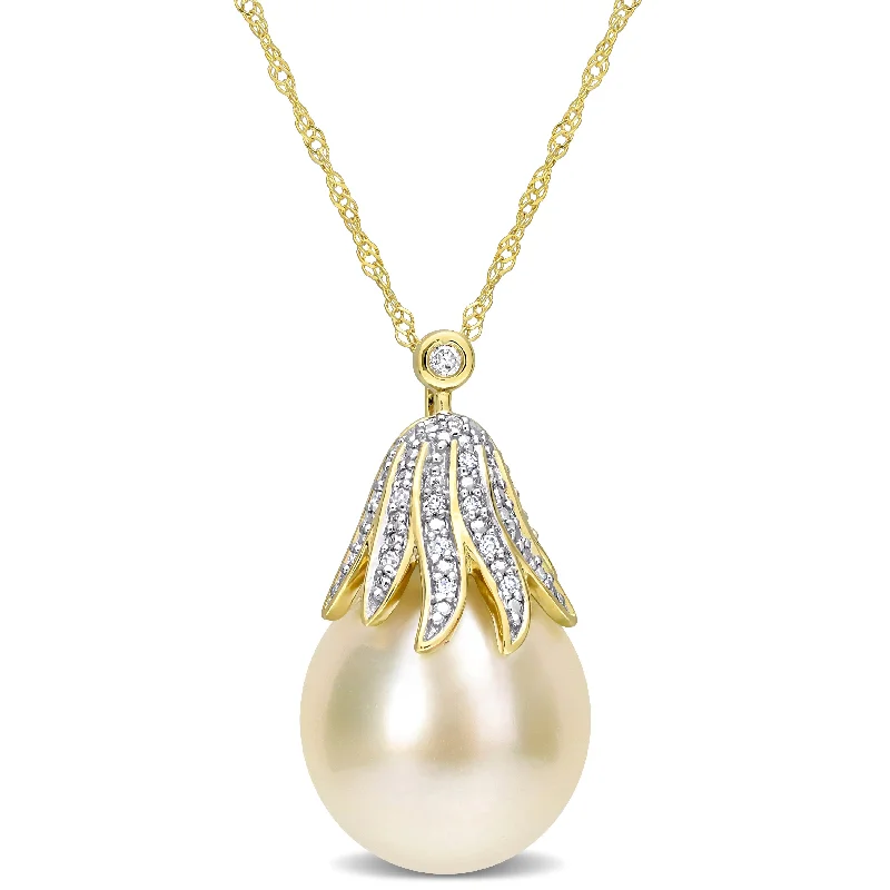 silver chain necklace for women-Miadora 10-11mm South Sea Cultured Pearl and Diamond Accent 14k Yellow Gold