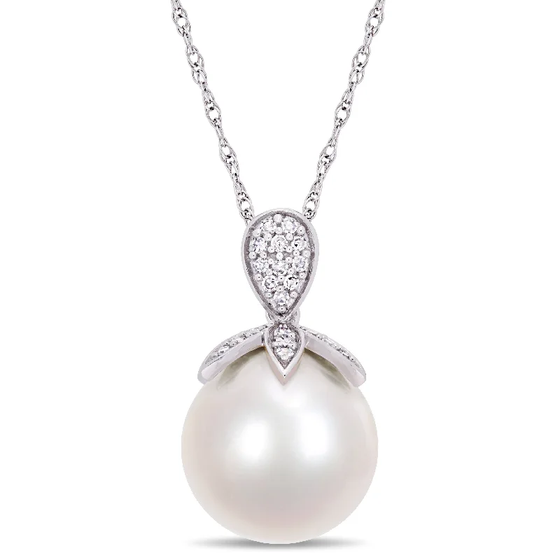 mixed metal necklace for layering-Miadora 11-12mm Cultured Freshwater Pearl and 1/10 ct TW Diamond 10k White Gold