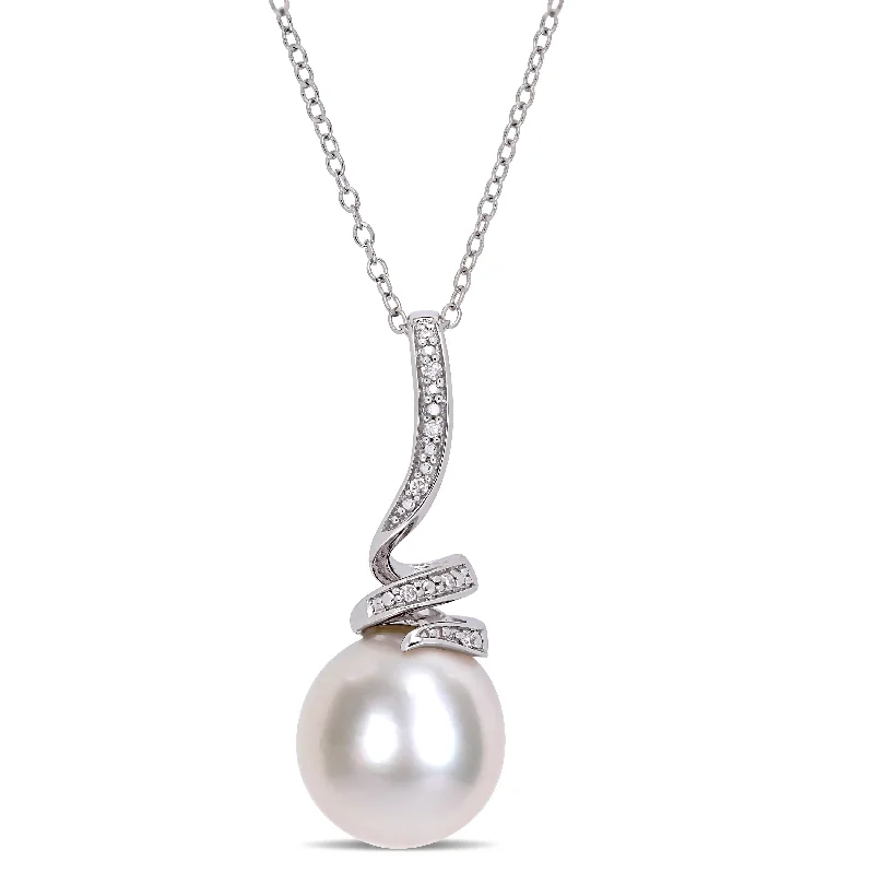 trendy pendant necklace for girls-Miadora 11-12mm Cultured Freshwater Pearl and Diamond Accent Swirl Drop Sterling Silver