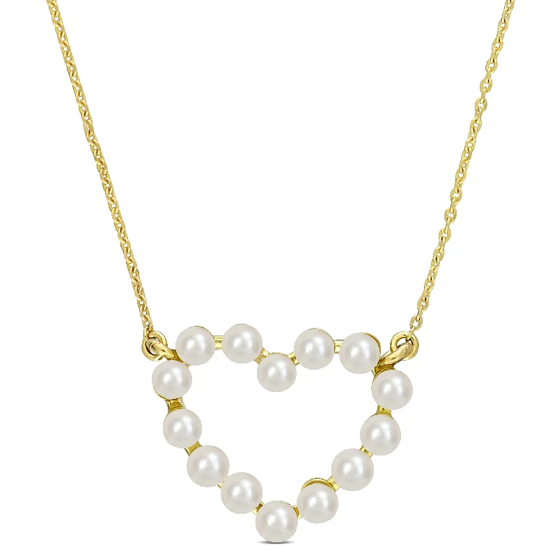 sterling silver heart necklace-Miadora 2-2.5mm Cultured Freshwater Pearl Heart Pendant With Chain in 14k Yellow Gold - 12.3 mm x 15.1 mm