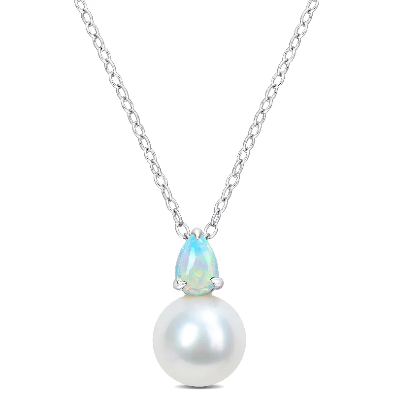 gold leaf necklace for women-Miadora 2/5ct TGW Ethiopian Opal and 8.5-9mm Cultured Freshwater Pearl Pendant with Chain Silver - 15.5 mm x 8.9 mm