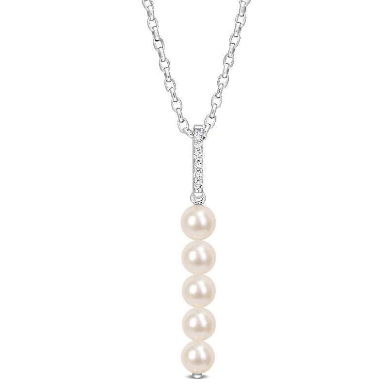 eco-friendly necklace for women-Miadora 5.5-6mm Cultured Freshwater Pearl and 1/5ct TGW White Topaz Drop Sterling Silver