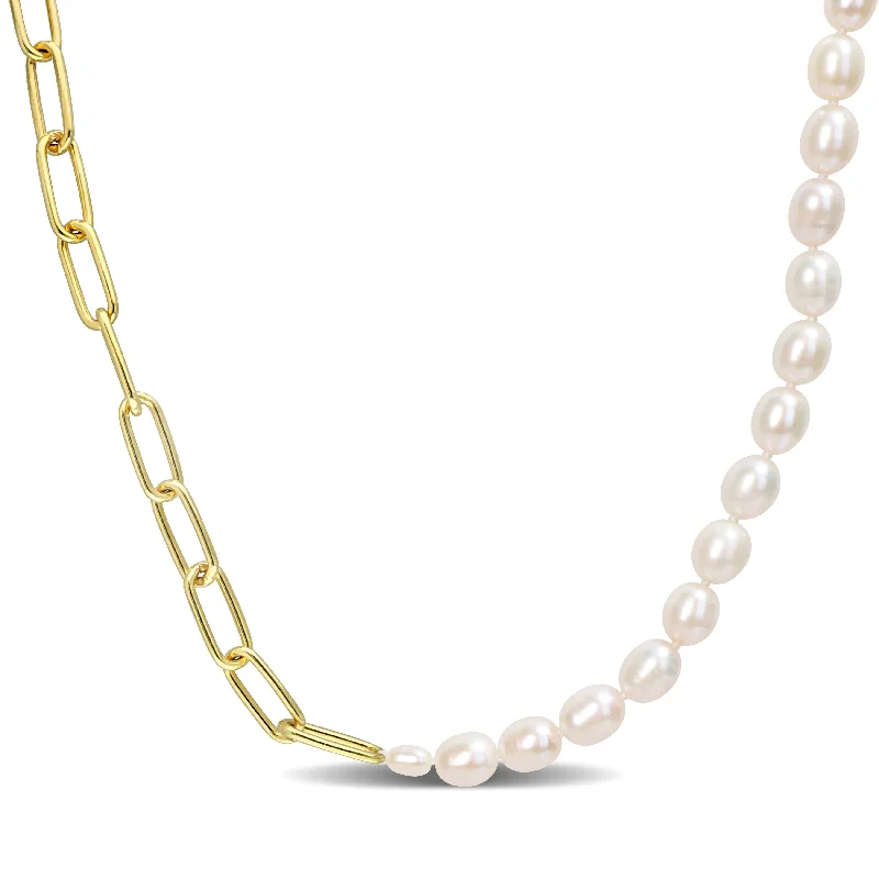 bridal necklace for wedding dress-Miadora 7-7.5mm Cultured Freshwater Rice Pearl and 6mm Oval Link Chain Yellow Plated Sterling Silver-17 in