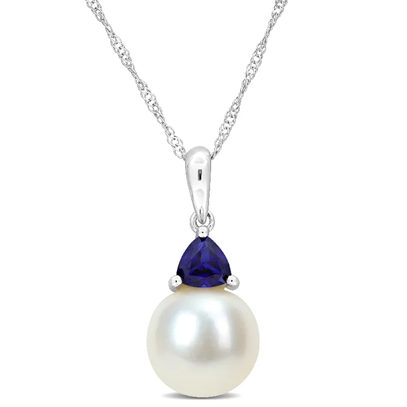 zodiac constellation necklace-Miadora 8-8.5mm Cultured Freshwater Pearl 3/8ct TGW Created Blue Sapphire Pendant with Chain in 10k White Gold - 19 mm x 8.4 mm