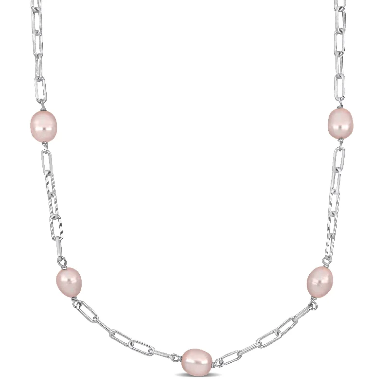 chain link necklace for women-Miadora 8-9mm Pink Cultured Freshwater Pearl Station Necklace in Sterling Silver - 18 in x 8.4 mm