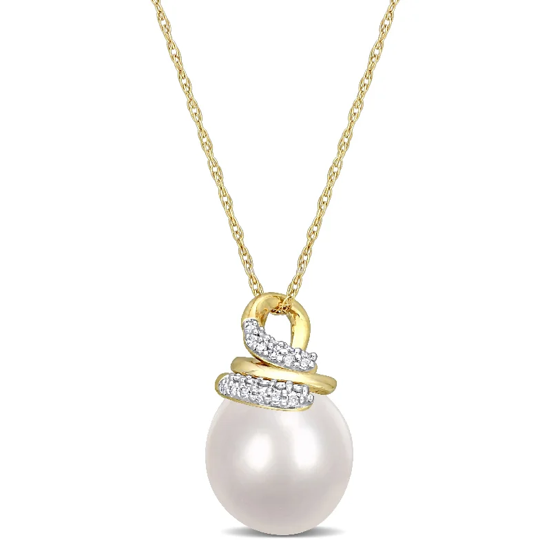 gold star necklace for women-Miadora 9-10mm South Sea Cultured Pearl and 1/10 ct TW Diamond Wrap 10k Yellow Gold