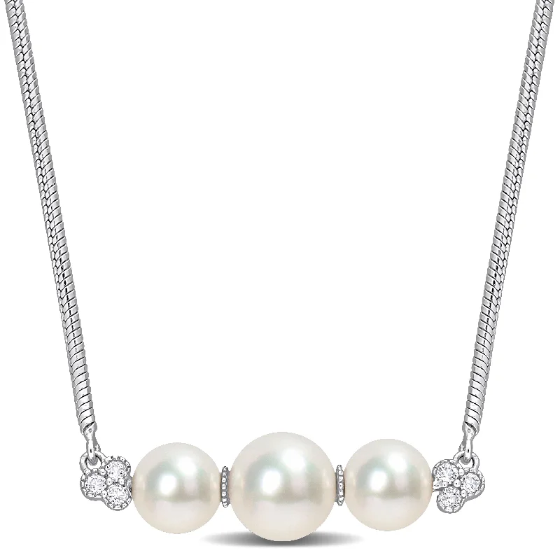 moonstone pendant necklace-Miadora Cultured Freshwater Pearl and 1/5ct TGW White Topaz Bar Sterling Silver