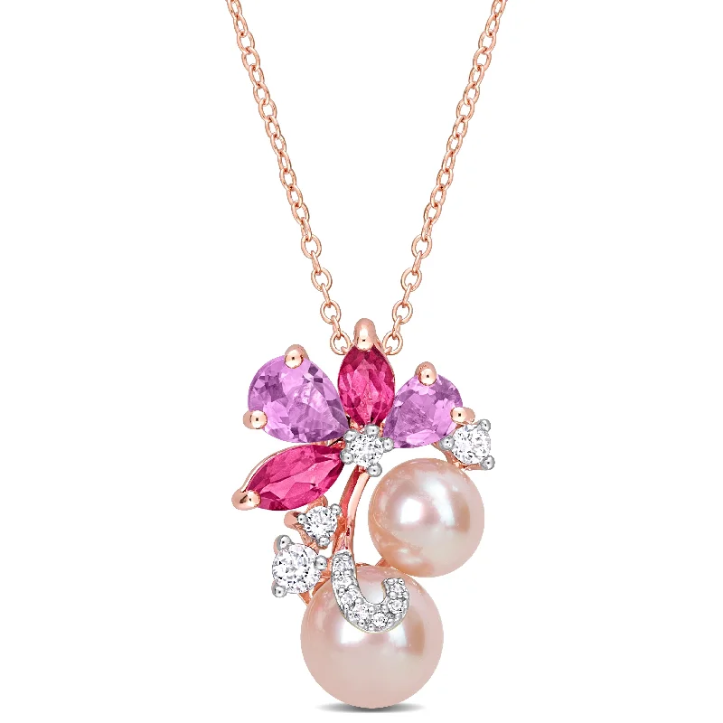 gemstone pendant necklace for women-Miadora Pink Cultured Freshwater Pearl 2 1/3ct TGW Rose de France and Topaz 18k Rose Silver