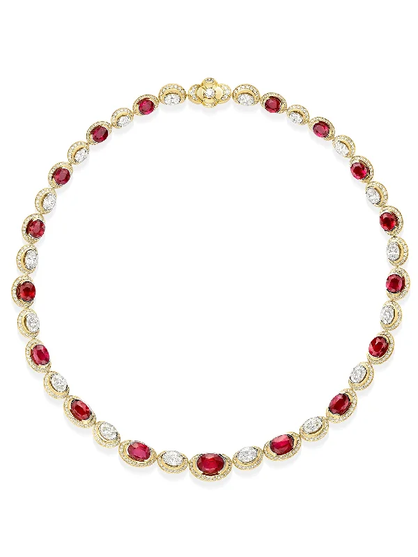 modern silver necklace for women-Classic Crescent Ruby and Diamond Yellow Gold Necklace