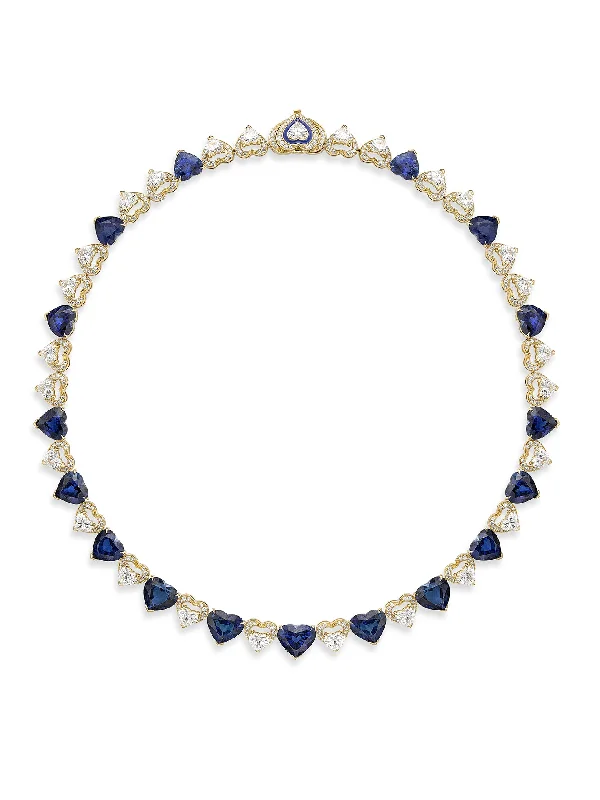 eco-friendly necklace for women-Classic Heart Sapphire Diamond Yellow Gold Collar