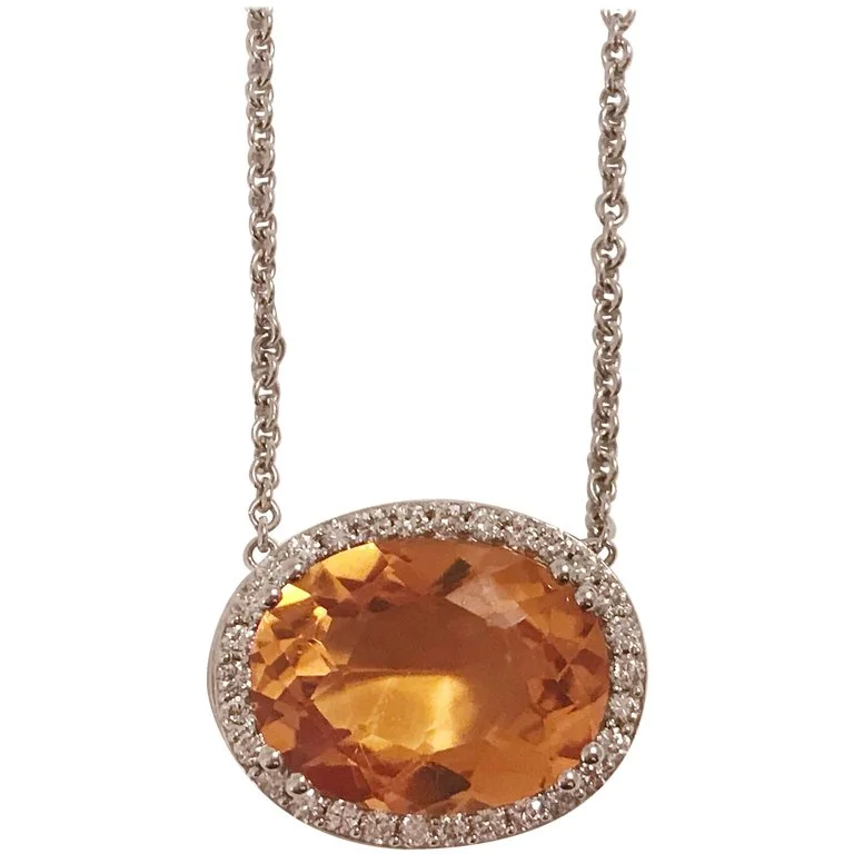 moon crescent necklace for women-Deep Citrine Pendant Necklace with Surrounding Diamonds