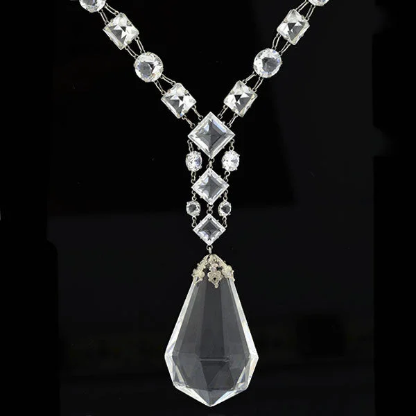 modern silver necklace for women-Late Art Deco Sterling Silver Faceted Crystal Necklace 32"