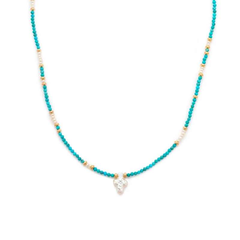 bridal necklace for wedding dress-Pearl Cross Necklace | Turquoise